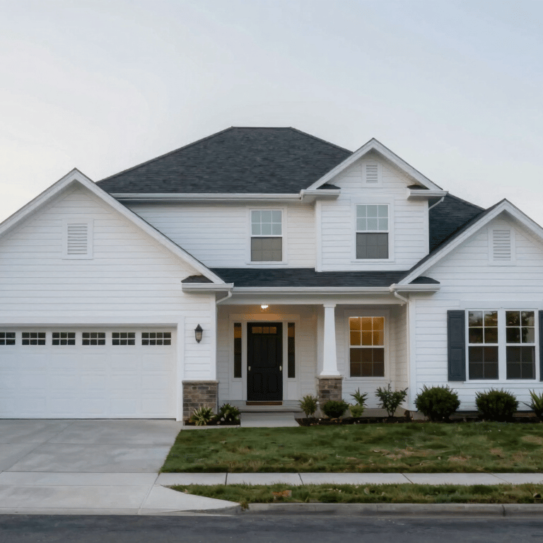 Before and after split screen of a heavily stained concrete driveway becoming bright and clean under pressure washing. Professional, high-contrast, bright lighting.