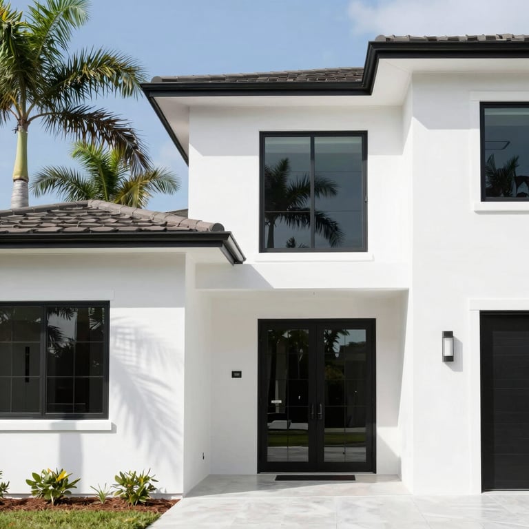 Bright high-key architectural photography of a modern South Florida home exterior with clean white walls and sharp black trim, palm trees in the background, vibrant daylight.