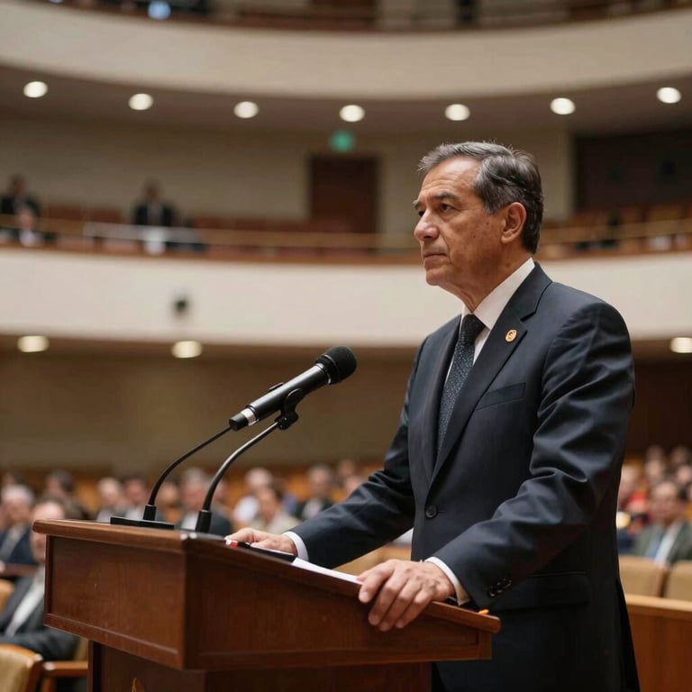 A podium with a microphone in a large South American hall, prepared for a lecture on international defense.