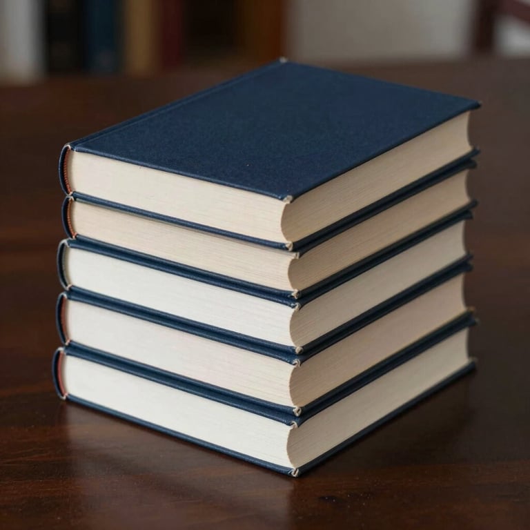 A stack of academic books about South American history with deep charcoal navy blue covers on a polished table.