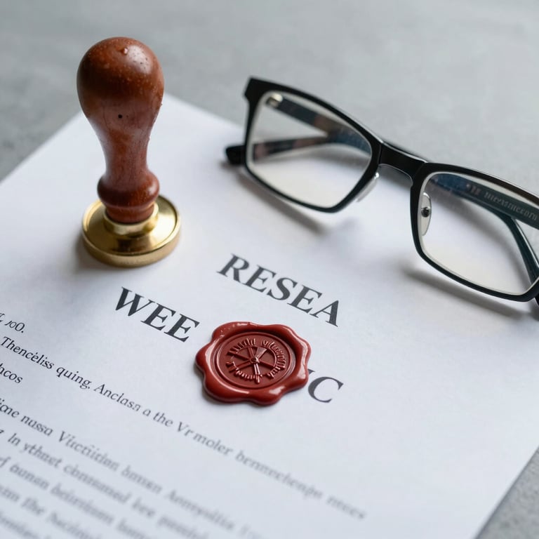 Detail of an official document with a wax seal next to a pair of professional reading glasses on a misty gray surface.