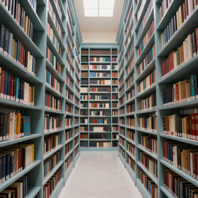 The interior of a prestigious library in Rio de Janeiro with pale steel blue lighting and tall shelves.