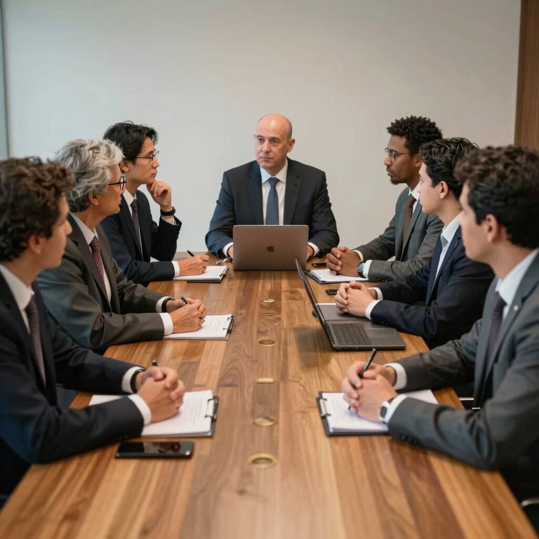 A group of diverse professionals in suits engaged in a strategic discussion around a large wooden table in Brazil.