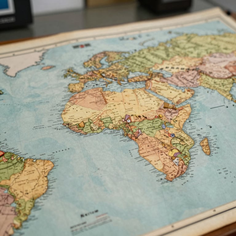 A close-up of a vintage world map used for strategic planning in a professional Brazilian research center.