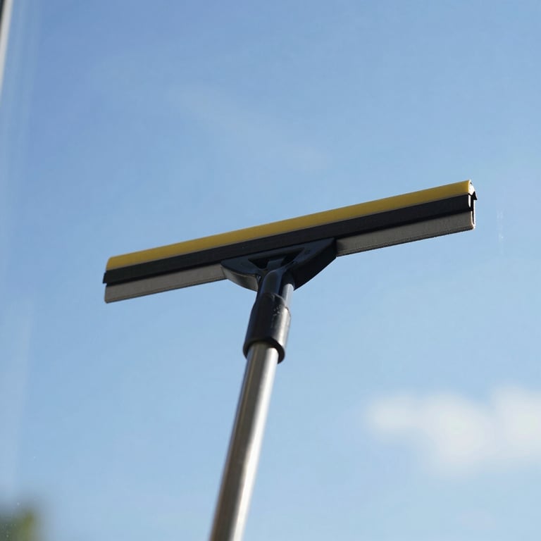 Close-up of a window squeegee against a crystal clear pane of glass with a blue Bremen sky in the background.