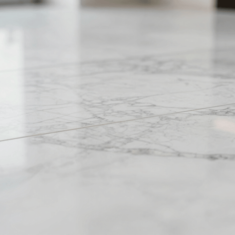 A perfectly clean glass office desk reflecting a window, showcasing a streak-free finish using #F4F8FC tones.