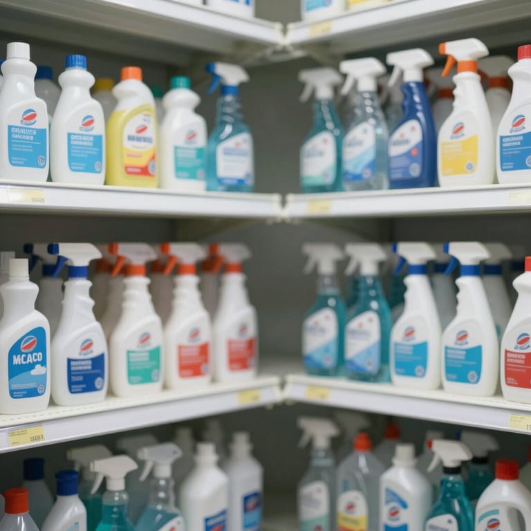An organized supply closet with professional cleaning solutions, emphasizing reliability and order.