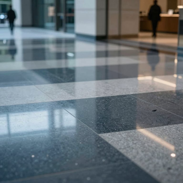 A freshly mopped tile floor in a modern lobby, with high-gloss reflections and deep #1A2C3C shadows.
