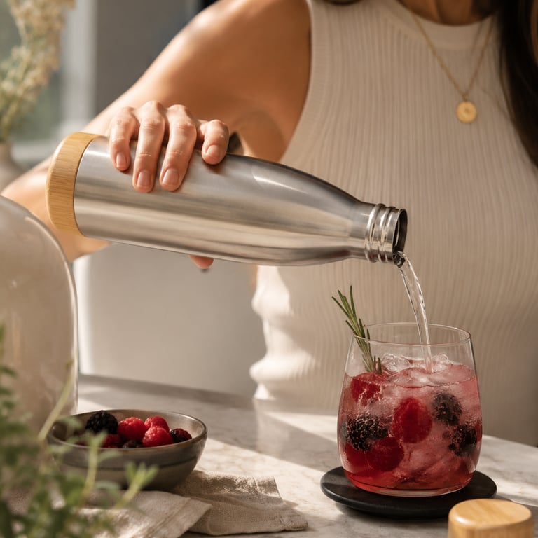 Mulher despejando água de uma garrafa inox com acabamento em bambu em um copo com chá gelado de frutas vermelhas.