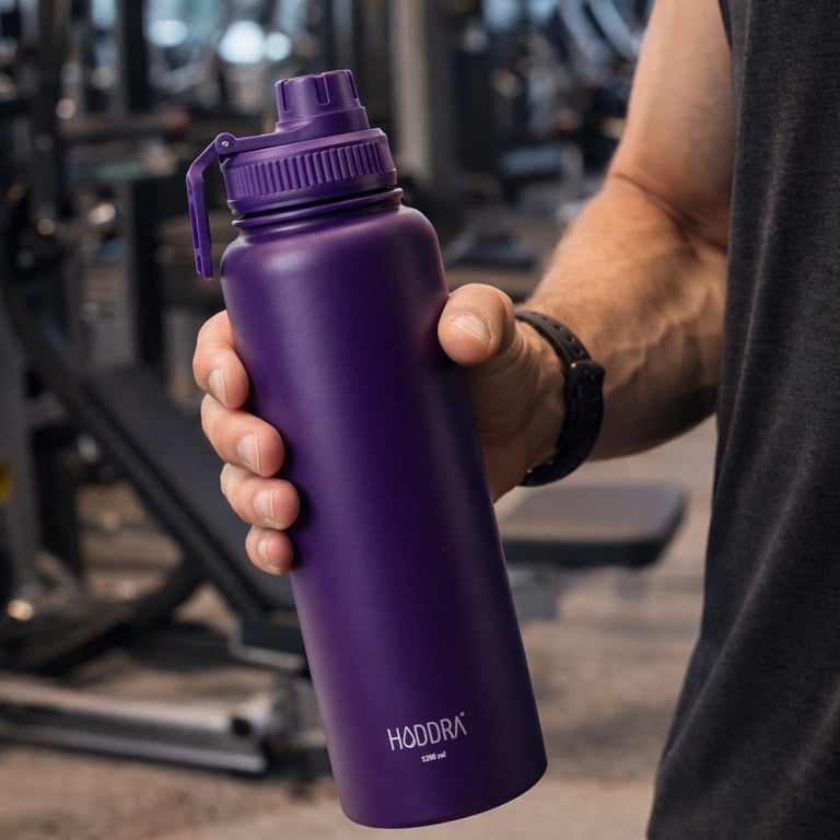 garrafa termica inox roxa sendo segurada em academia