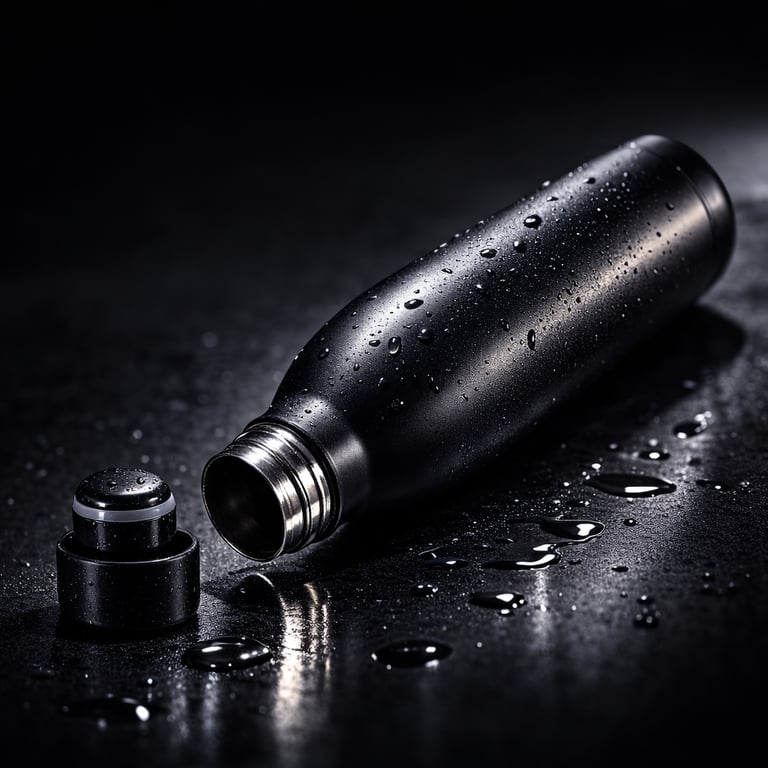 azew garrafa termica preta inox deitada cena studio foco detalhe base gotas de água