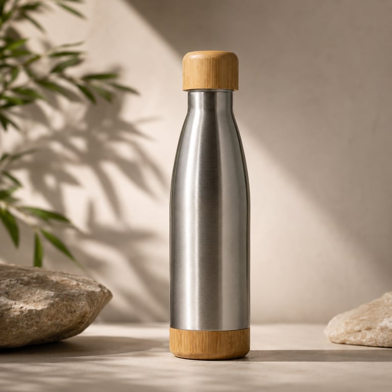 Garrafa em inox com detalhes em bambu posicionada em cenário minimalista com pedras naturais e luz suave