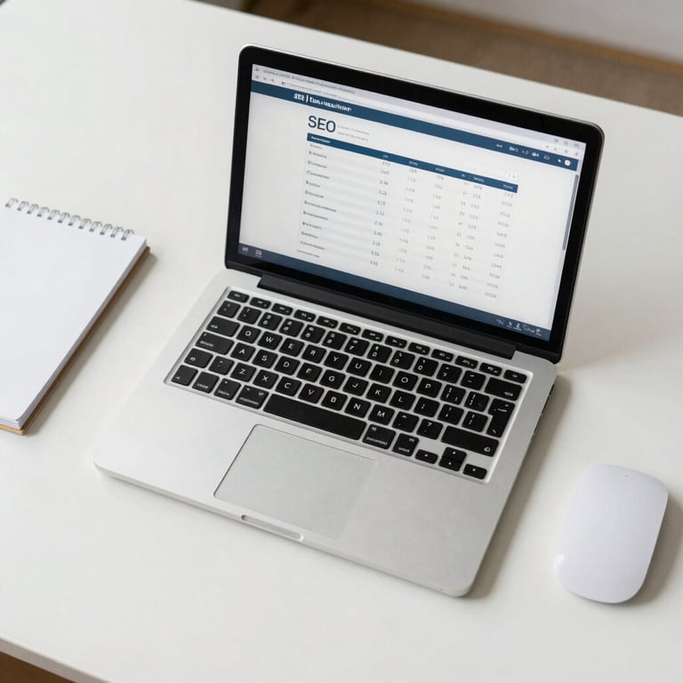 A top-down shot of a clean, minimalist desk with a premium laptop and a tablet showing SEO ranking charts.