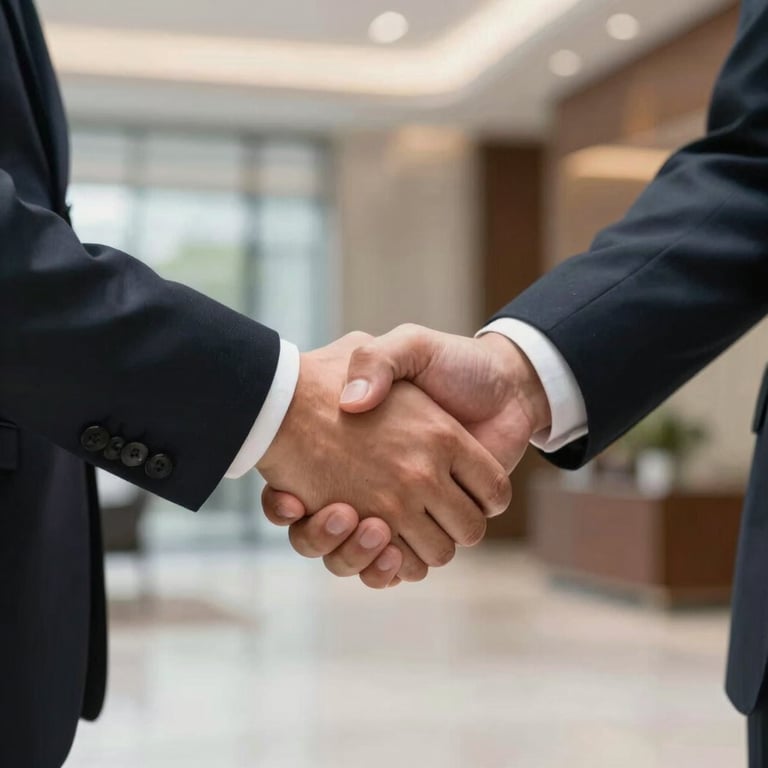 A close-up of a handshake between two business partners in a high-end North American office lobby, representing trust.