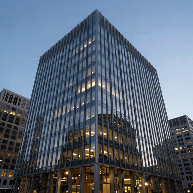 The exterior of a modern, glass-fronted corporate building in a major US business district during the blue hour of evening.