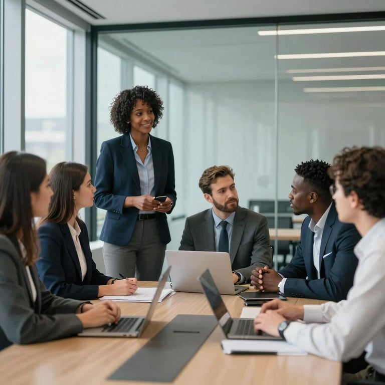 A diverse North American professional team collaborating in a modern glass-walled conference room with natural light.