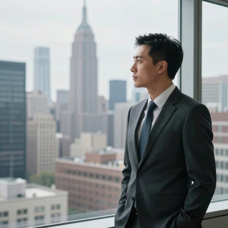 A confident professional in business attire looking out over a metropolitan North American city skyline through an office window.
