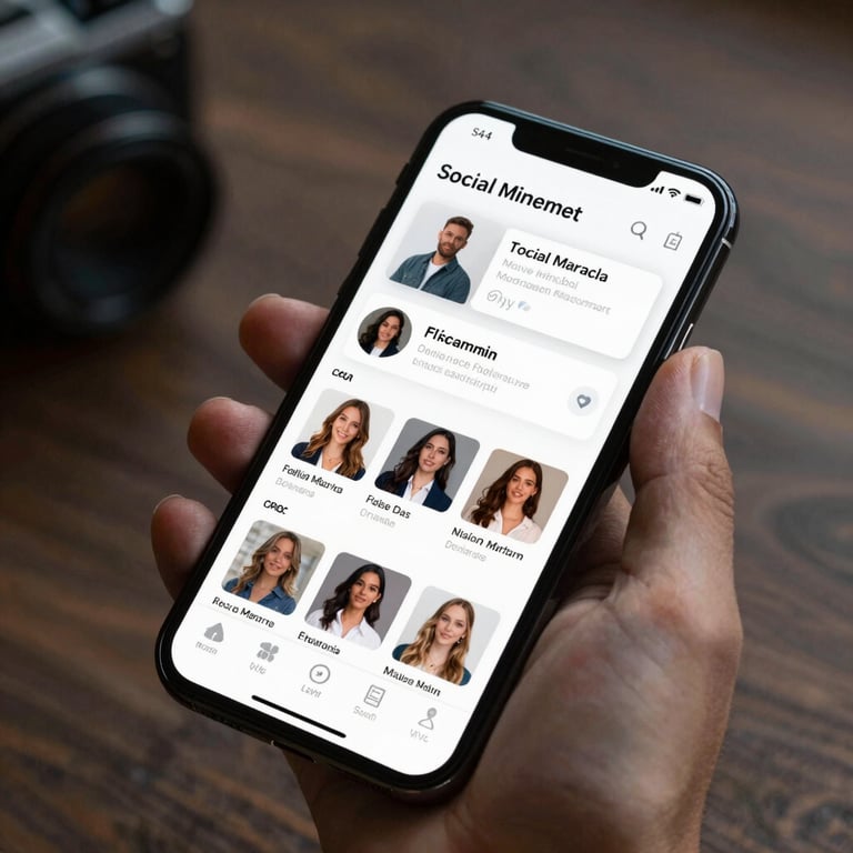 Detailed photography of a smartphone held in a hand, displaying a sleek, modern social media management interface.