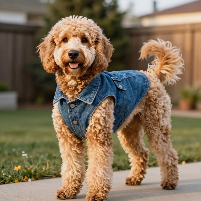 Perro color café de pelo chino usandon un chaleco de mezclilla