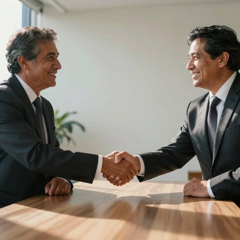 A firm handshake between two South American / Brazilian business partners in a sunlit meeting room.