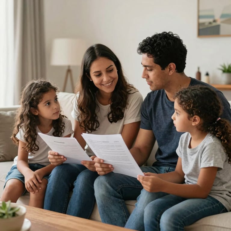 A modern South American / Brazilian family sitting comfortably in a bright living room discussing financial documents.
