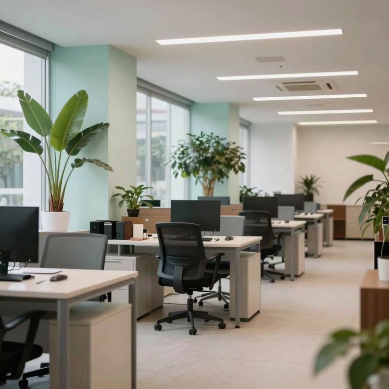 A bright South American / Brazilian office interior with pale mint green plants and modern furniture.