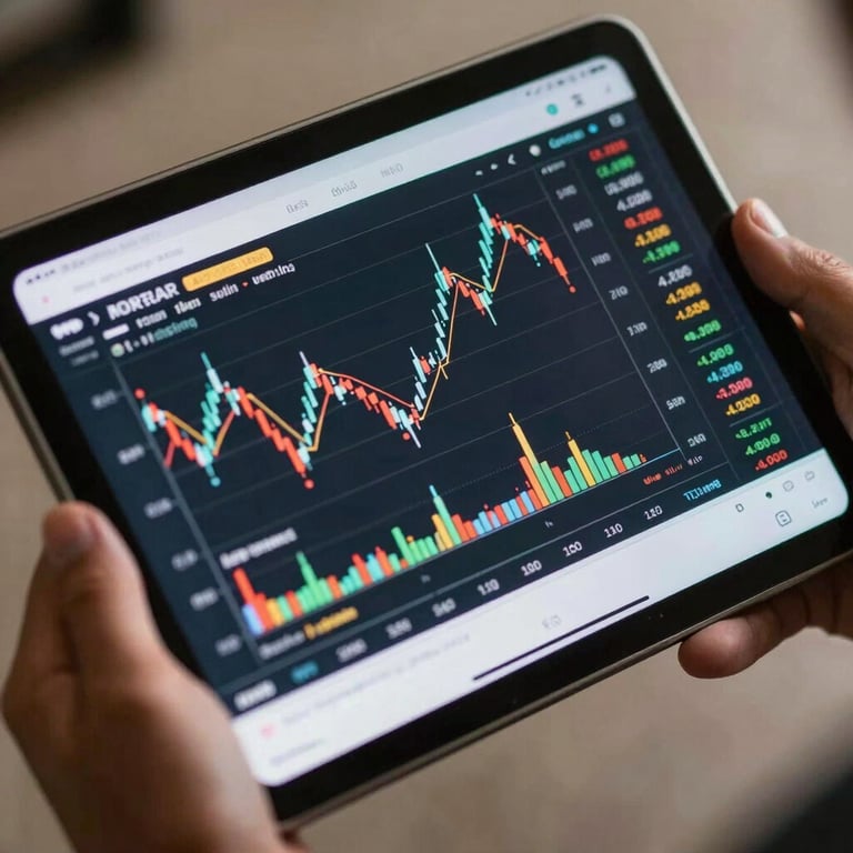 Details of a financial chart on a tablet screen held by a South American / Brazilian professional.