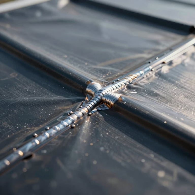 Close-up of a precision-welded seam on a thermoplastic roofing membrane, showcasing high-quality workmanship.