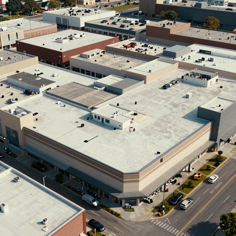 Distant aerial view of a sprawling commercial shopping center featuring diverse flat roofing sections in pristine condition.