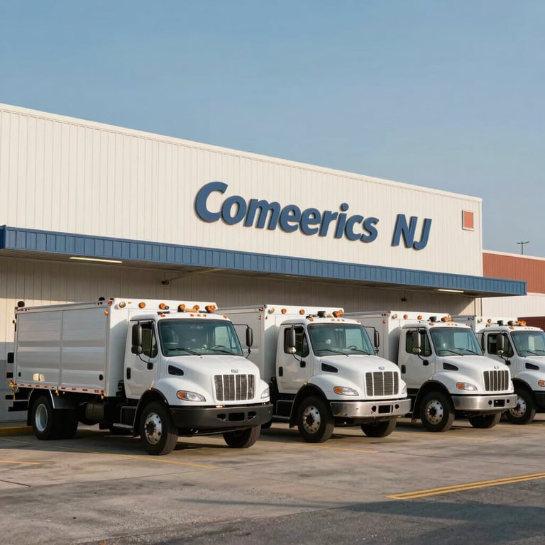 A fleet of Commercial Roofing Systems NJ service trucks parked in front of a large retail complex under a clear sky.