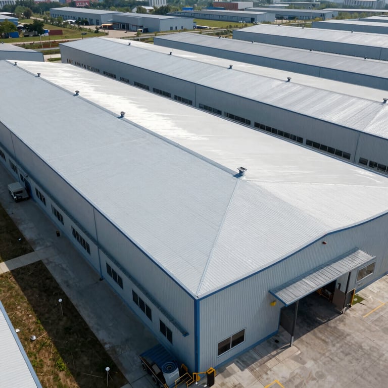A wide-angle shot of a completed industrial warehouse roof with white reflective coating in a North American industrial zone.