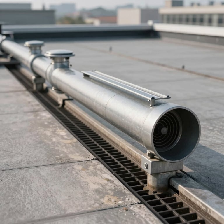 Close-up of industrial-grade drainage systems and scuppers installed on a newly finished commercial roof.