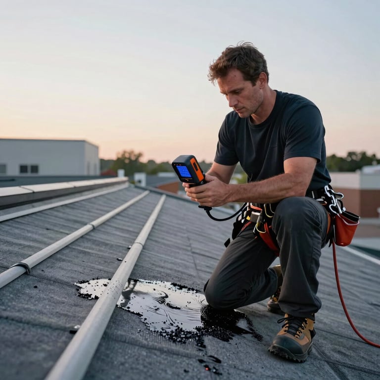 A professional roofer using a thermal imaging camera to inspect a commercial roof for moisture during a North American morning.