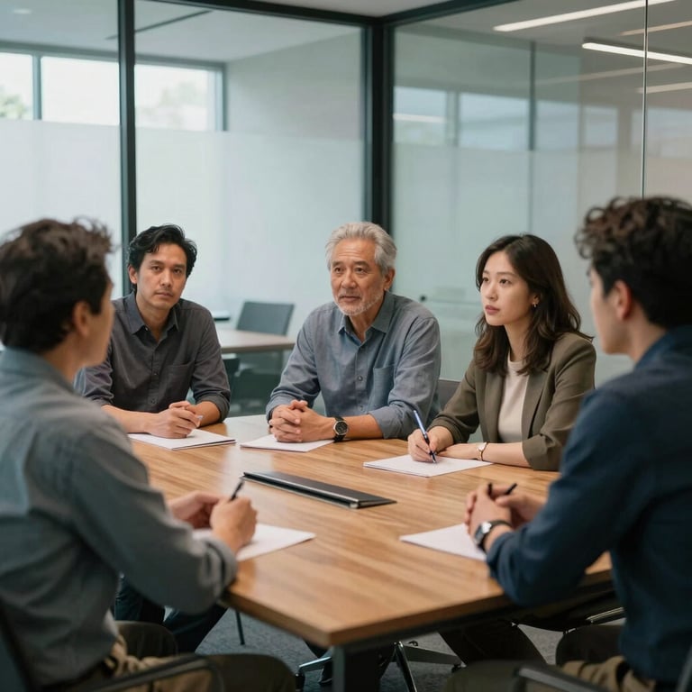 A group of adults in North American casual wear brainstorming in a glass-walled conference room.