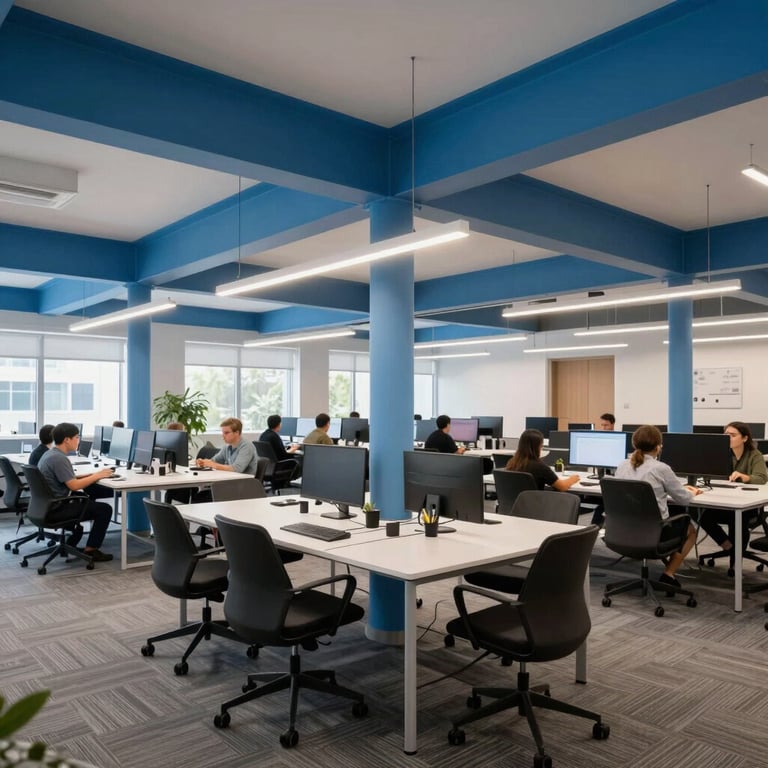 A wide shot of a tech-forward collaborative workspace with sky blue architectural details and group tables.