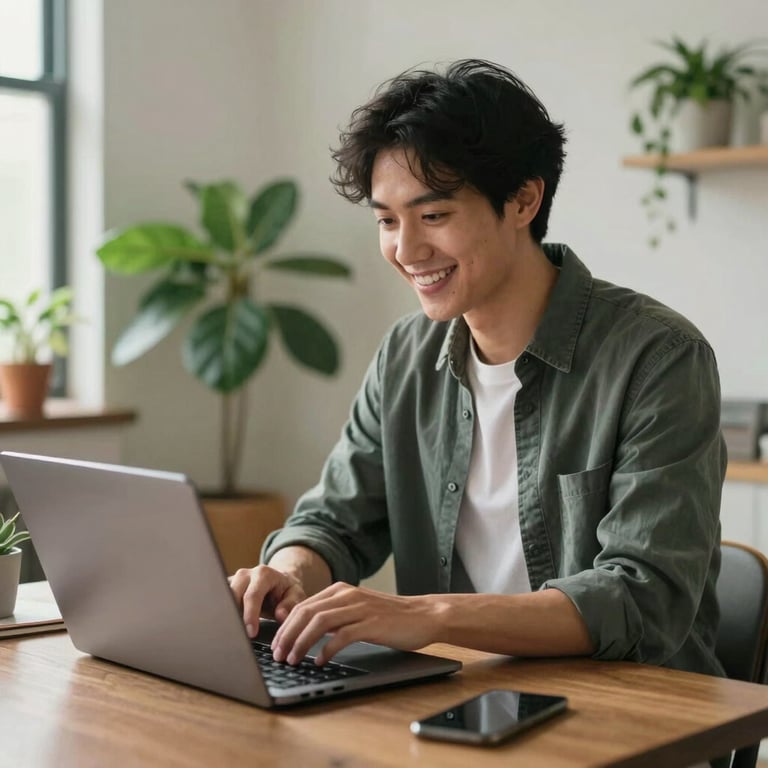 Candid photo of a person smiling while working on a laptop in a bright, plant-filled North American apartment.