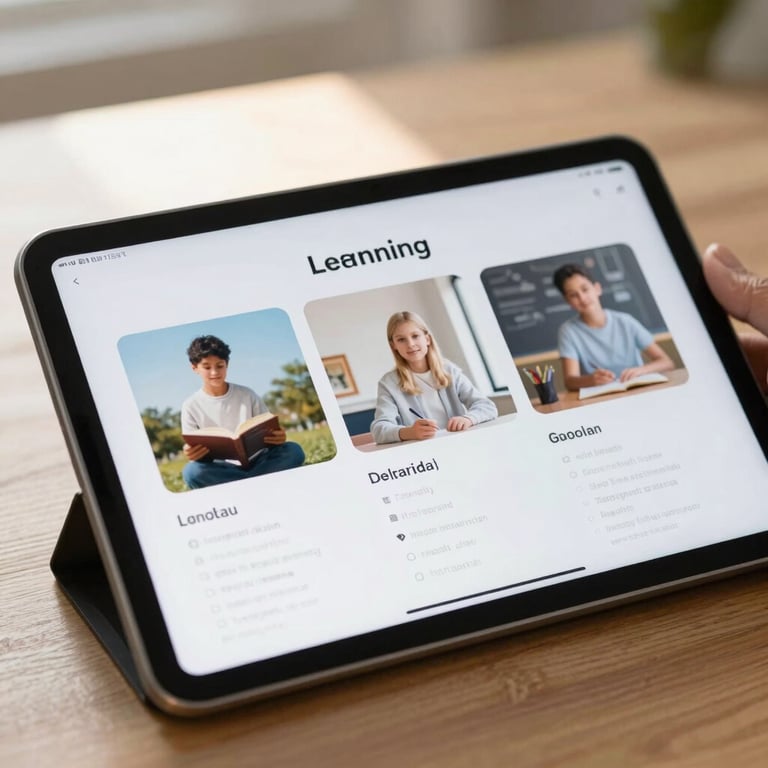 A detail shot of a digital tablet showing a clean, modern learning interface in a sunlit room.