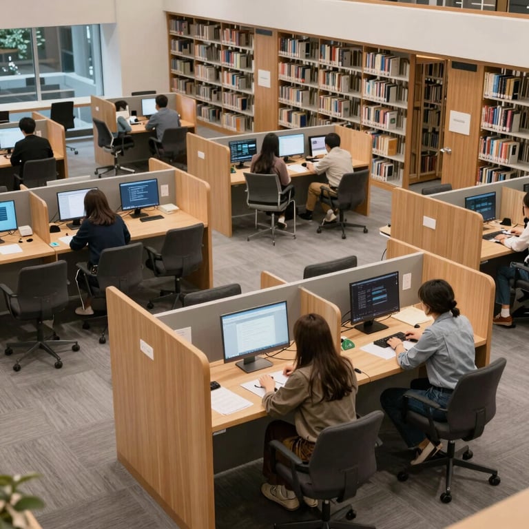 High-angle shot of a communal study area in a modern US library with advanced tech stations.