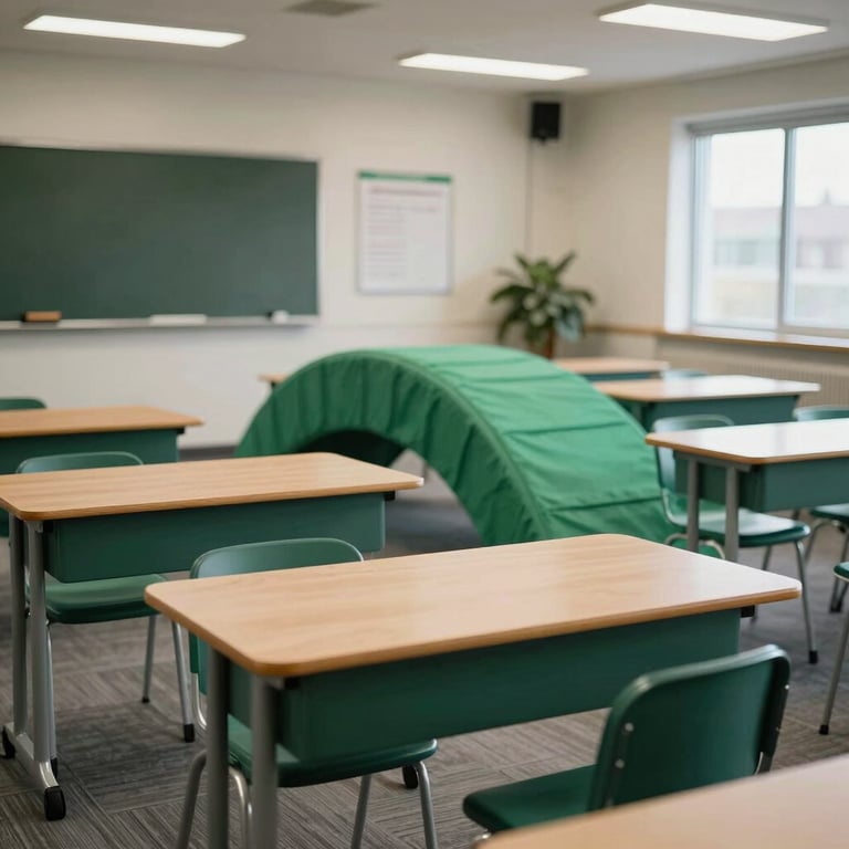 Photography of a modern North American classroom with flexible seating and emerald green accents.