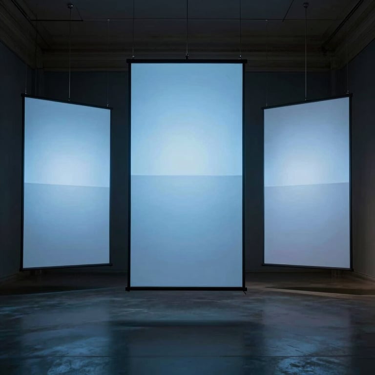 Installation view of a multi-channel video art piece projected onto three large translucent screens suspended in a dark gallery room, soft blue light.