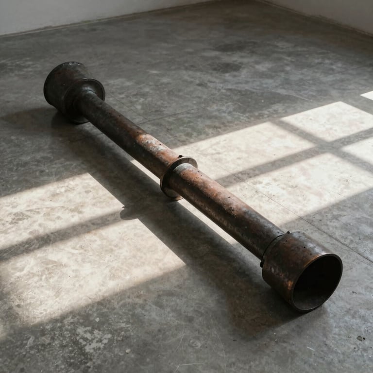 Wide shot of a heavy iron sculpture resting on a polished concrete floor, geometric lines casting sharp linear shadows under soft overhead lights.