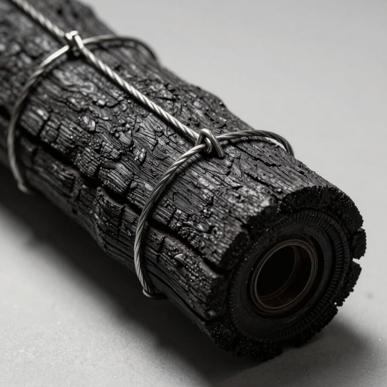 Macro photograph showing the textured grain of dark charred wood bound by high-tension steel wire under neutral gallery lighting.
