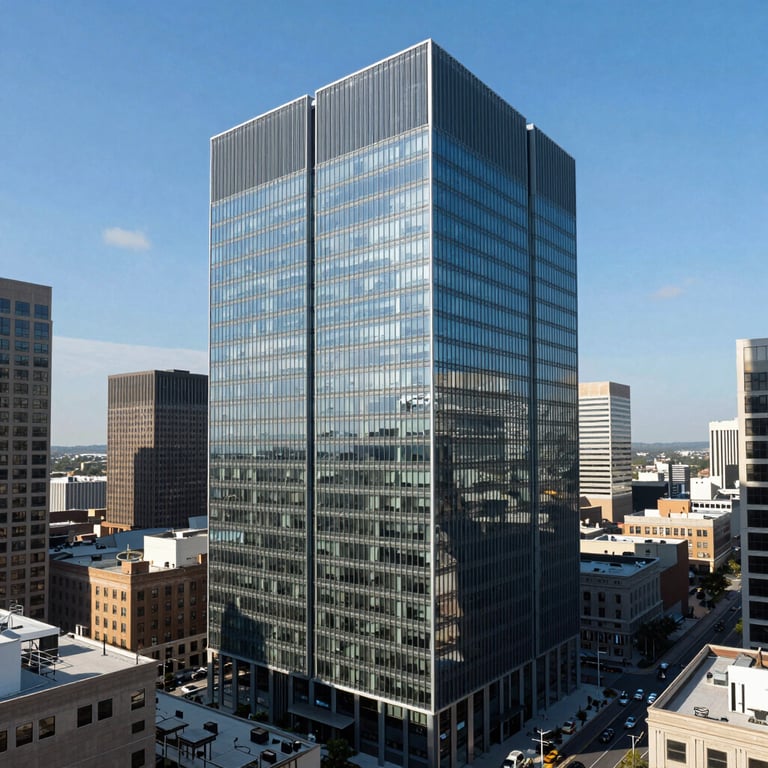 A high-angle architectural shot of a modern glass office building in a North American financial district under a bright sky blue day.