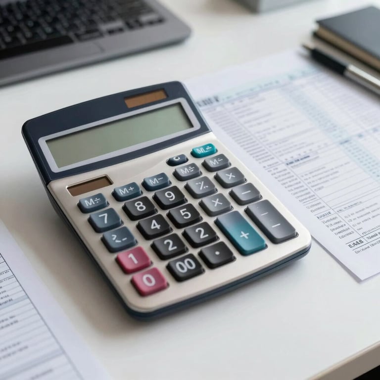 A close-up of a professional calculator and neatly organized financial tax forms on a snow white desk in a US office.