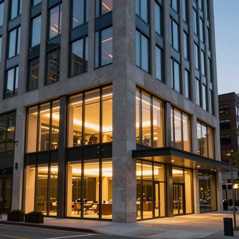 The exterior of a modern professional services building in a US city with warm interior lights glowing at dusk.