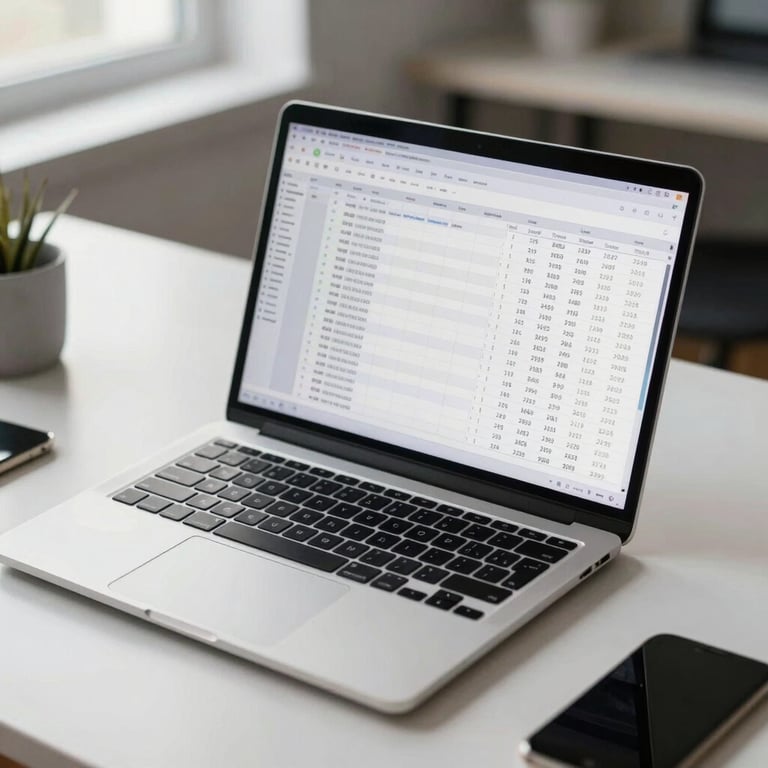 A sleek, open laptop displaying a detailed financial spreadsheet on a minimalist desk in a bright workspace.