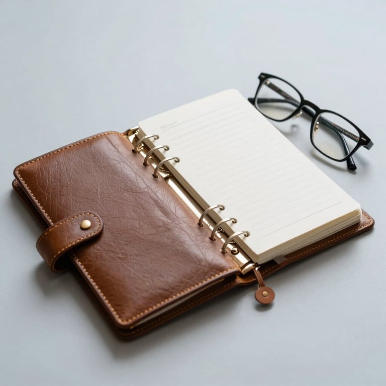 A luxury leather-bound planner and professional glasses resting on a pale blue gray surface with soft lighting.