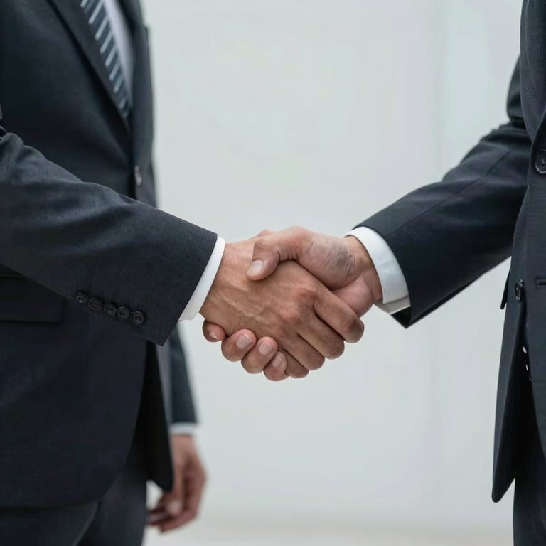 A firm handshake between two business professionals in tailored suits, representing trust and a successful partnership.