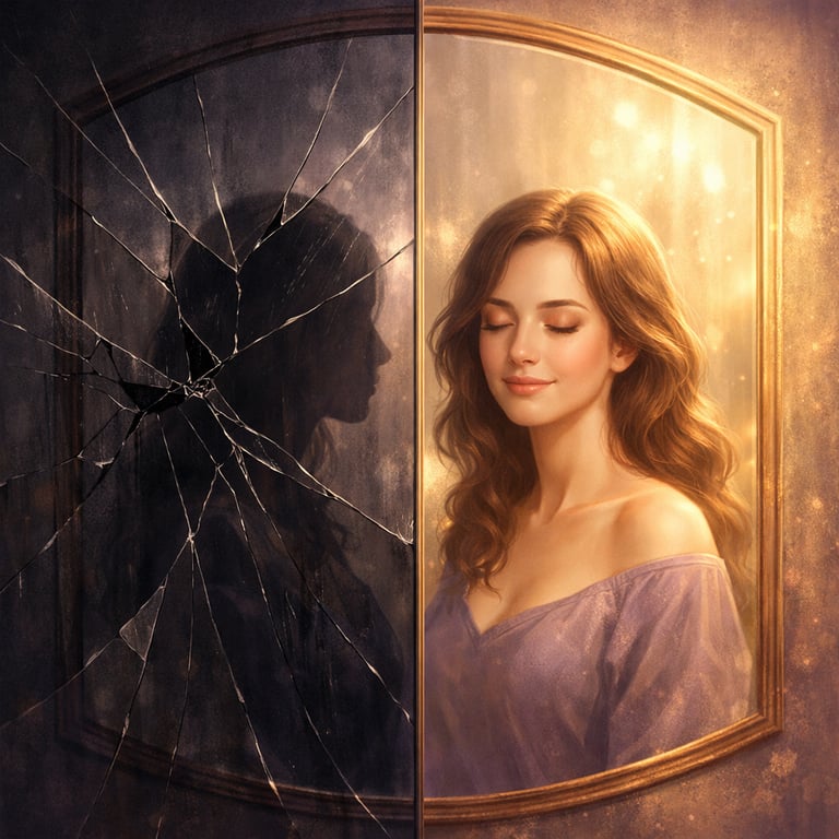 Cracked mirror reflecting darkness transforming into whole clear mirror reflecting golden light, woman's peaceful reflection