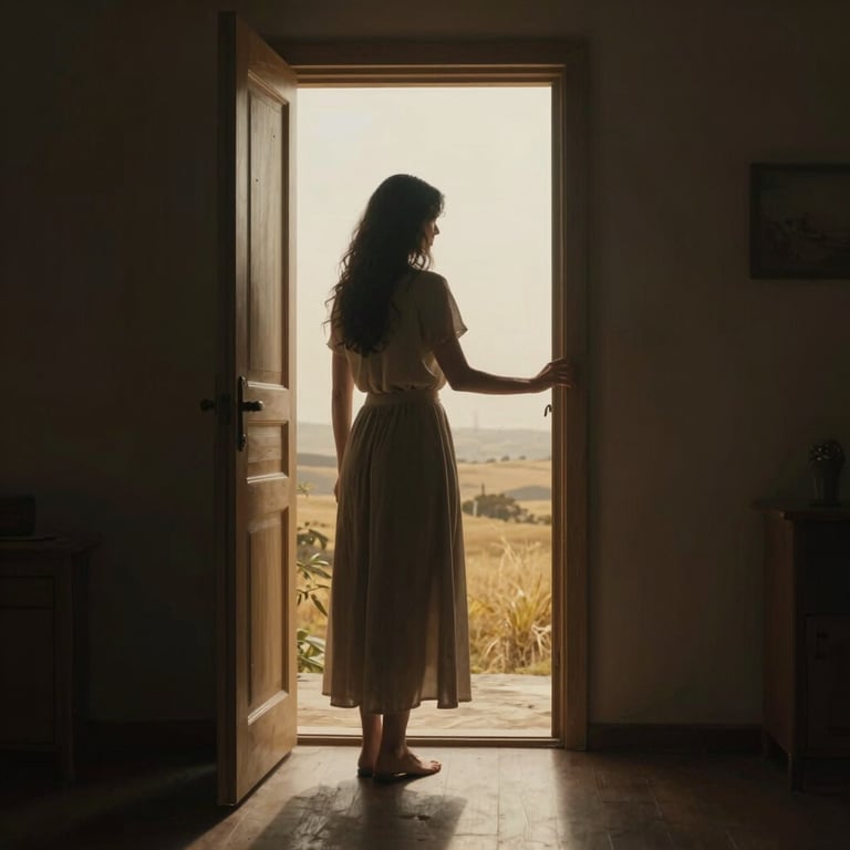 A woman in a vintage dress stands in a doorway looking out at a scenic countryside landscape.